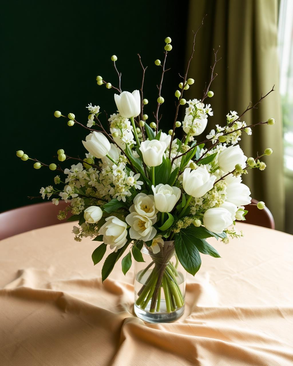 Pesach arrangement — Spring white-and-green palette with flowering branches.