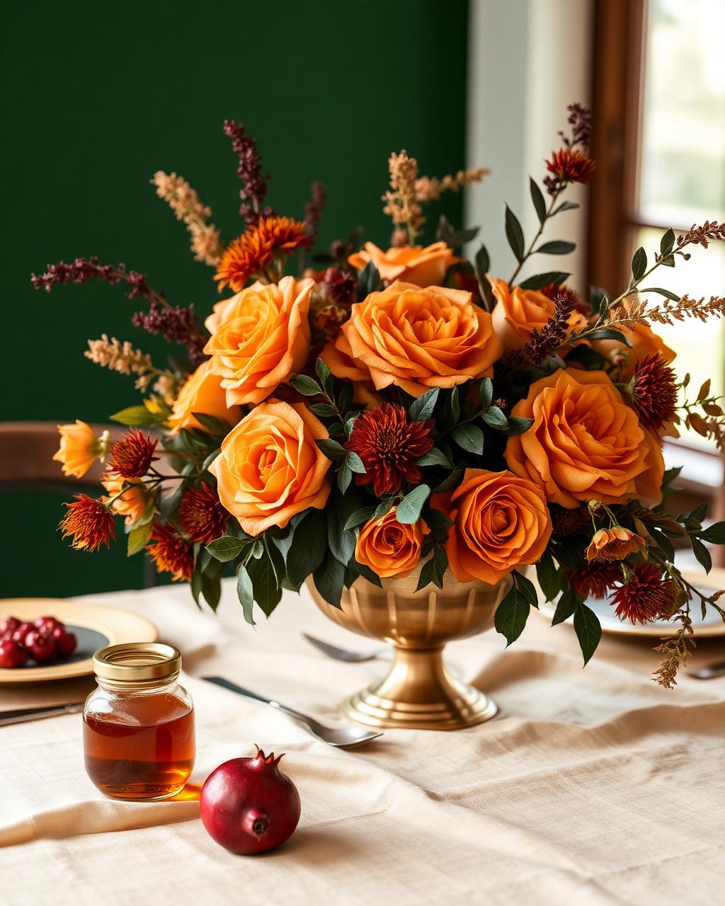 Rosh Hashanah arrangement — Pomegranate, honey, and burnished-amber tones.