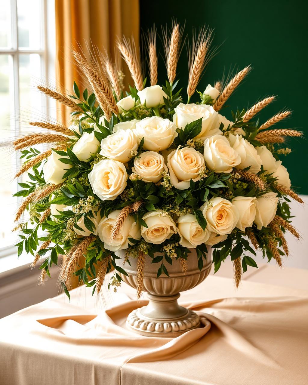Shavuot arrangement — Wheat sheaves, abundance, and lush garden blooms.