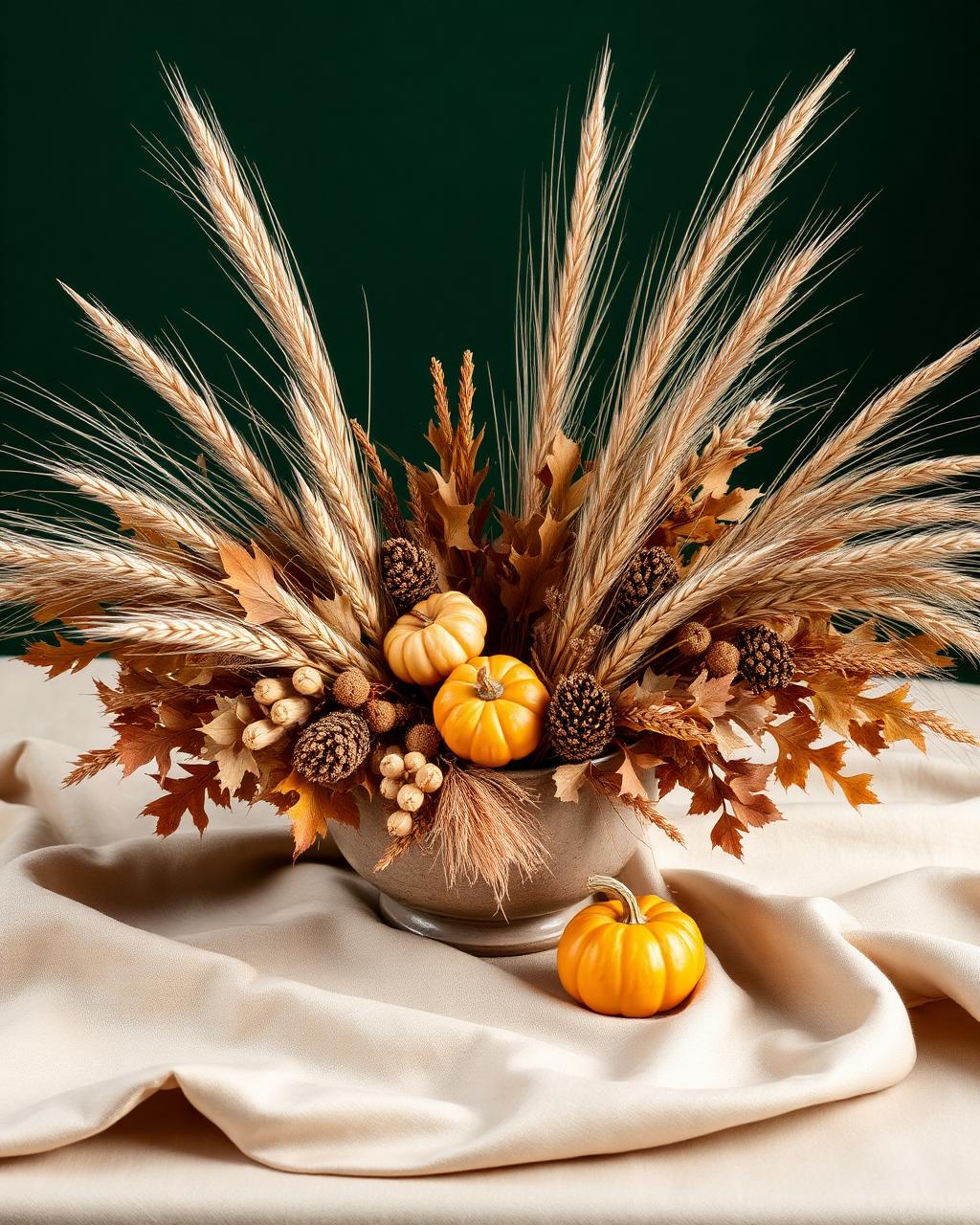 Sukkot arrangement — Harvest textures, ornamental grasses, gourds, and warm foliage.