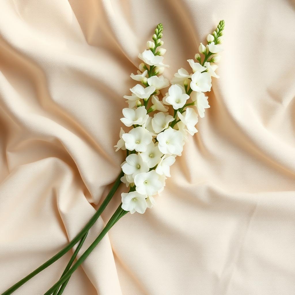 White delphinium stems on champagne linen