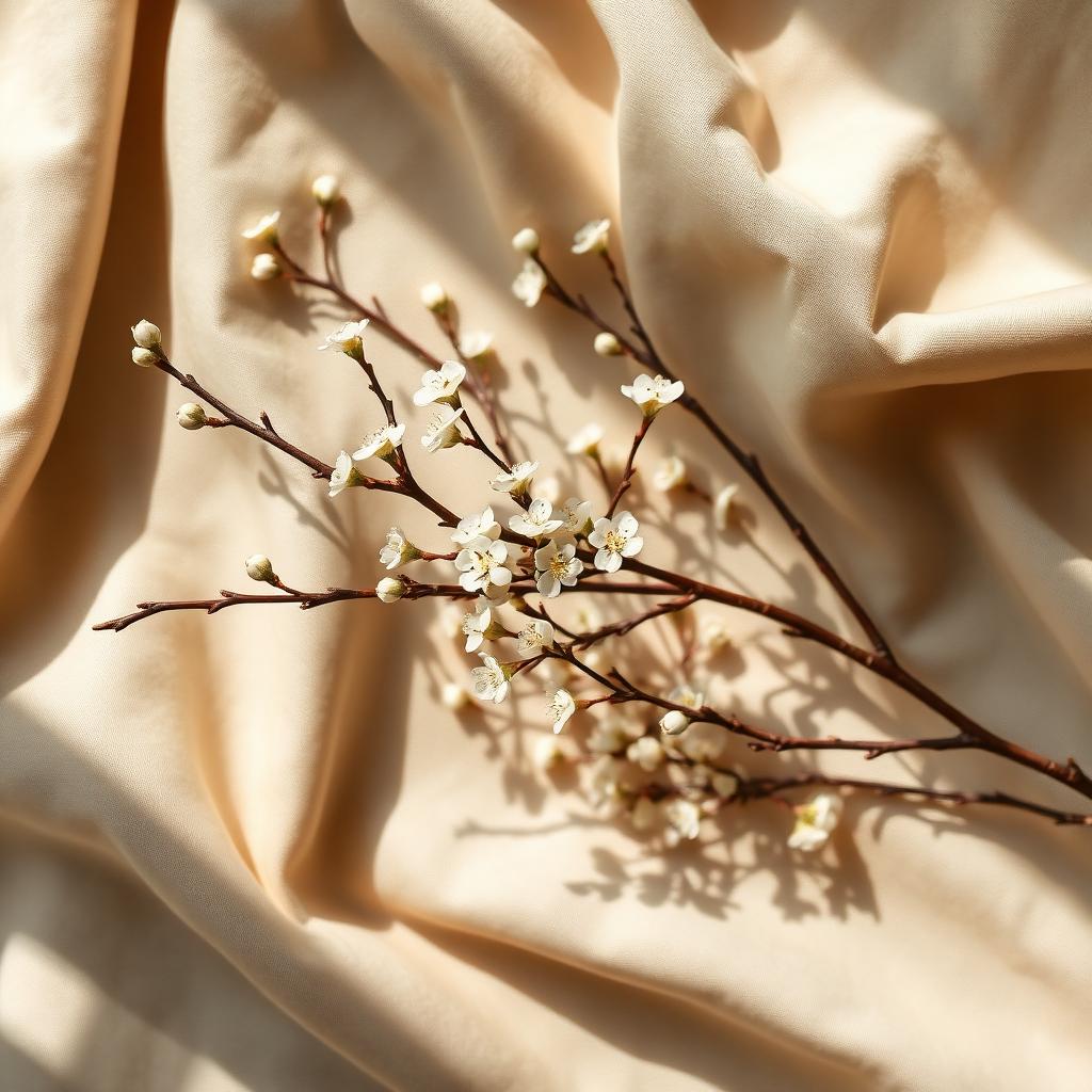 Flowering quince branch on champagne linen