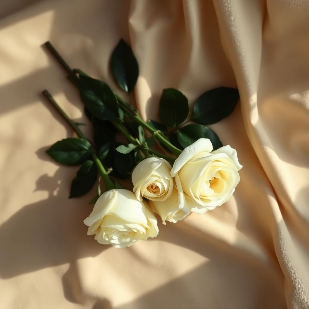 Cream garden rose stems on champagne linen