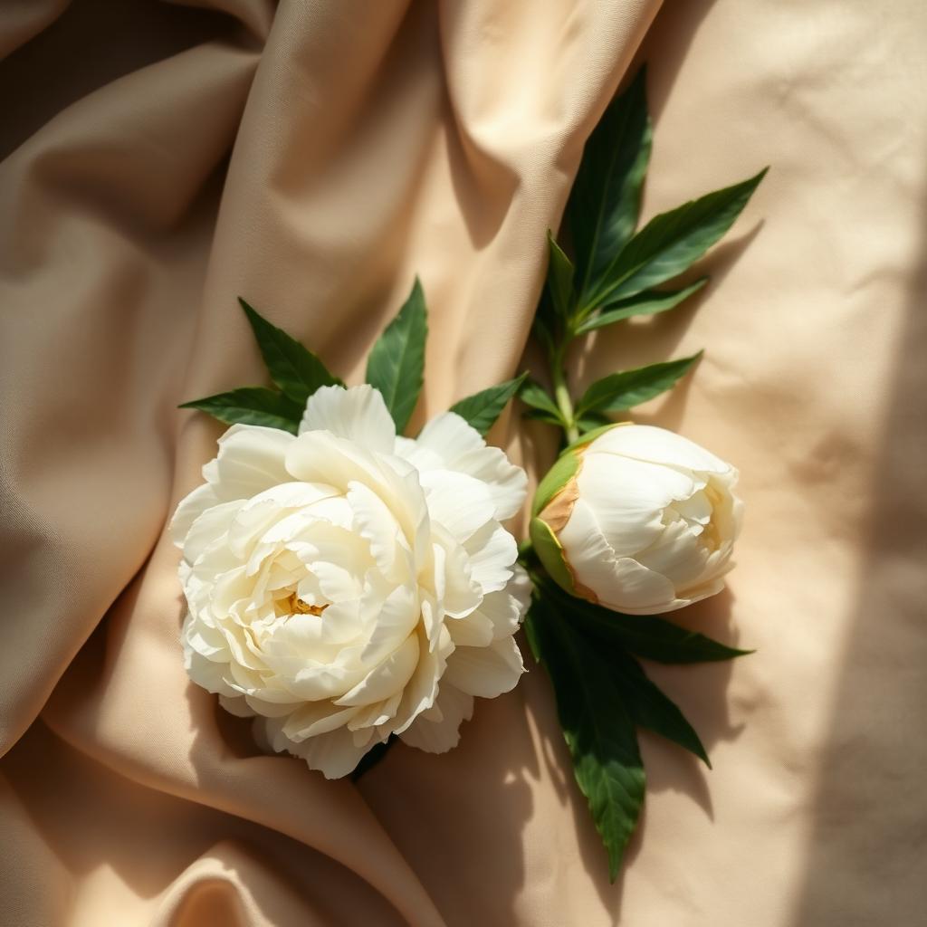 Ivory peony stems on champagne linen