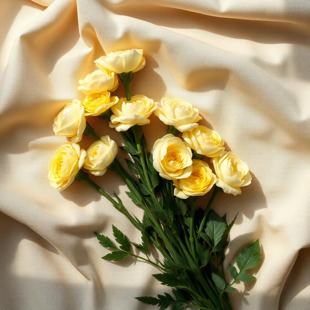 Butter ranunculus stems on champagne linen