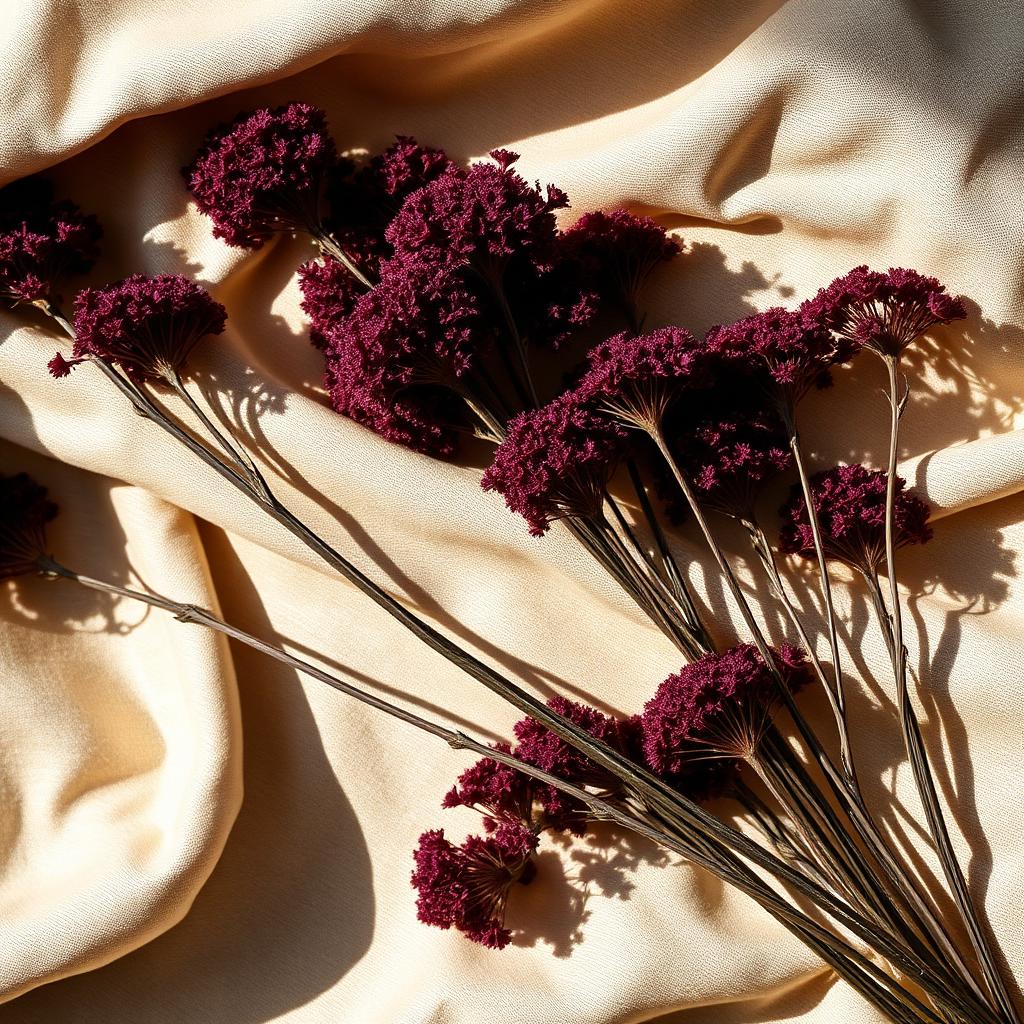 Burgundy scabiosa stems on champagne linen