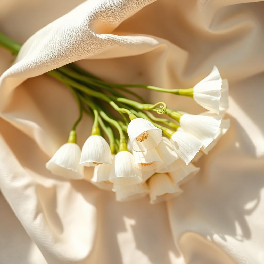 White sweet pea stems on champagne linen